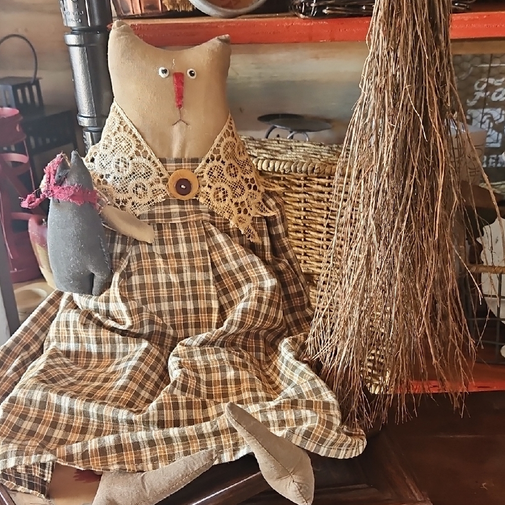 Plaid Fabric Cat Doll with Lace Collar